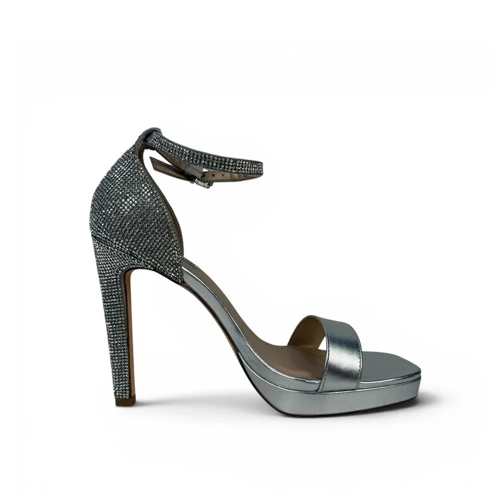 Steve Madden Maisa Silver Rhinestone Platform Sandals Heels Womens 10 Square Toe